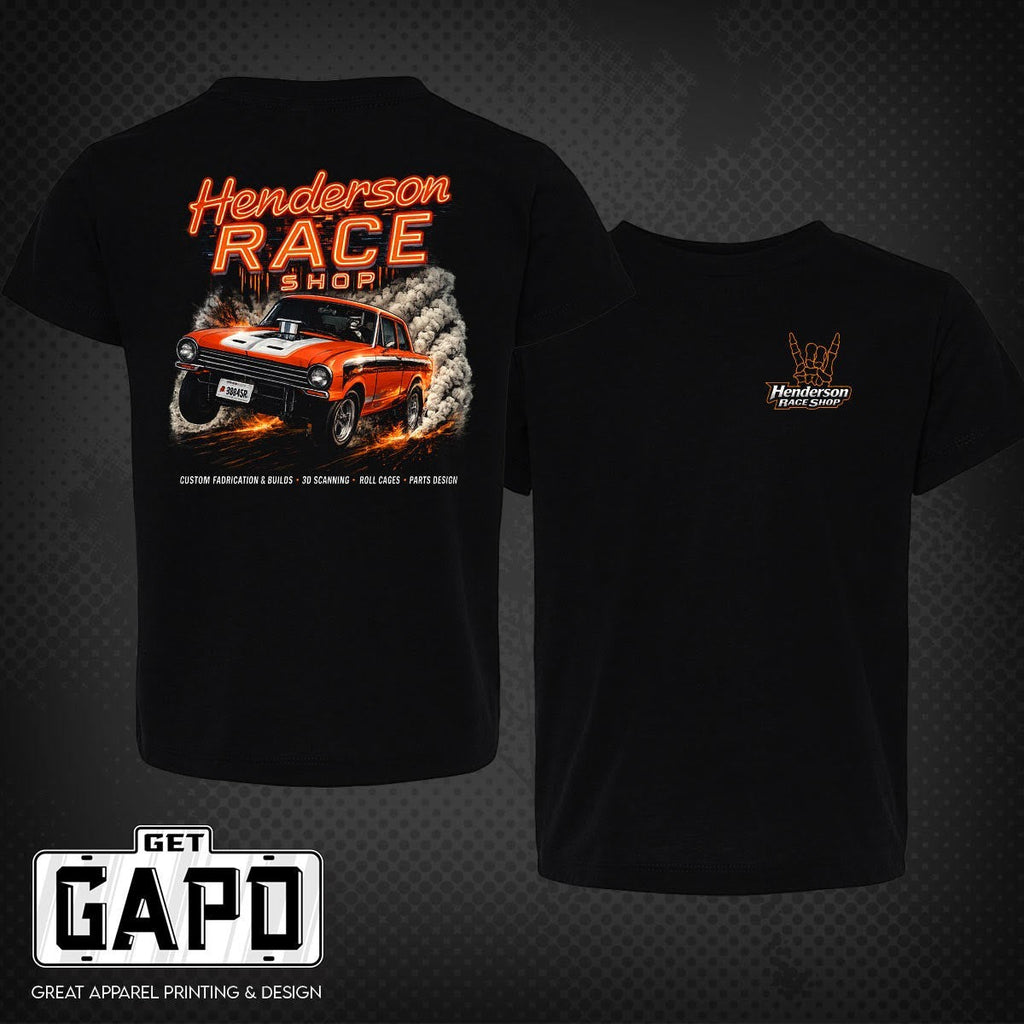 Henderson Race Shop Store black t-shirt featuring a vintage orange gasser hot rod graphic on the back and logo front