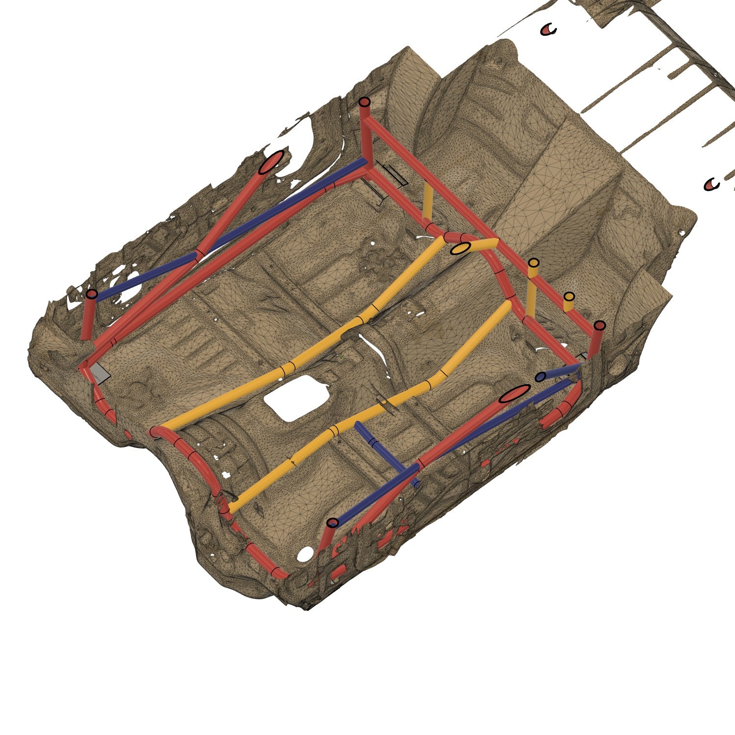 Henderson Race Shop 25.5 roll cage kit for 1982-1992 Camaro and Firebird shown in a 3D CAD floor plan view.