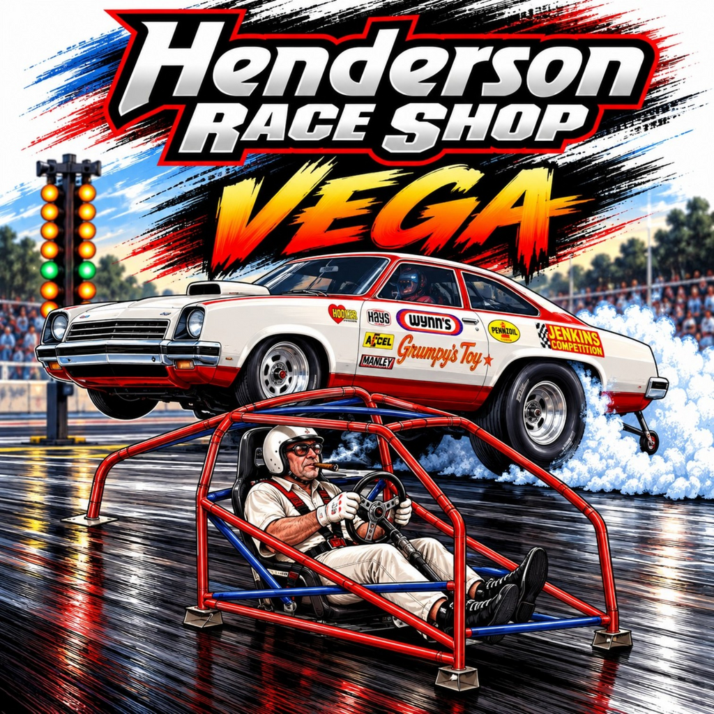Henderson Race Shop 8.50 roll cage kit for 1971-1977 Chevy Vega displayed with a drag racing car illustration
