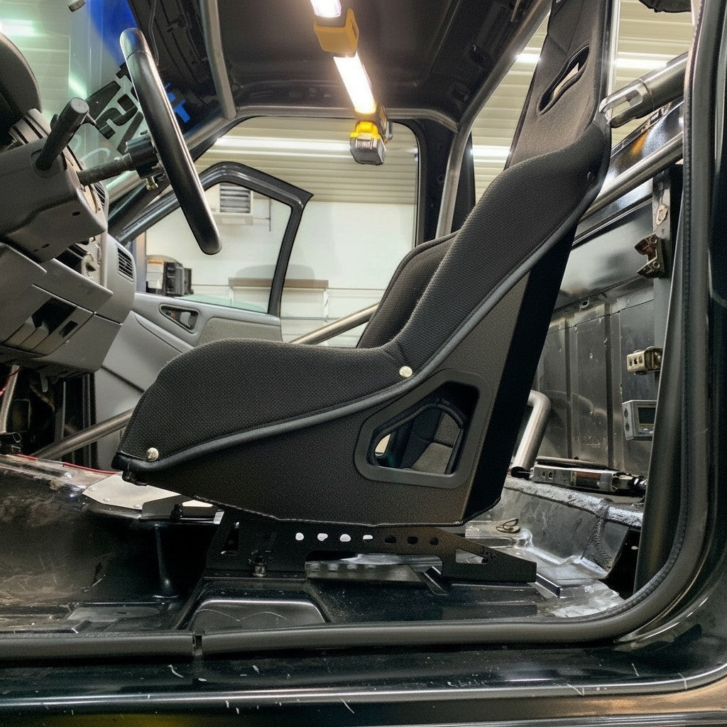 Henderson Race Shop black steel seat mounts installed under a Kirkey high-back racing seat in a GM S-Series truck cabin