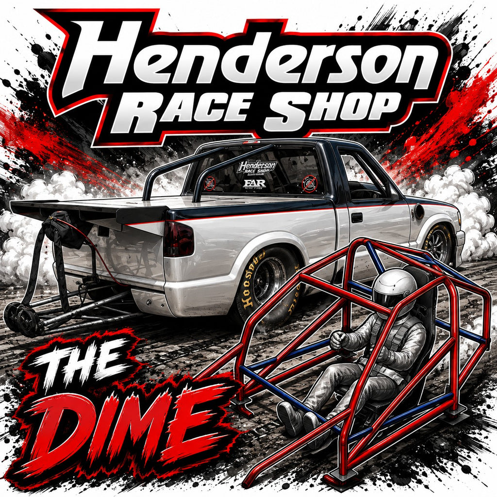 Henderson Race Shop 8.50 roll cage kit for 2nd Gen S10, featuring chromoly tubing and thru-dash A-pillar design.