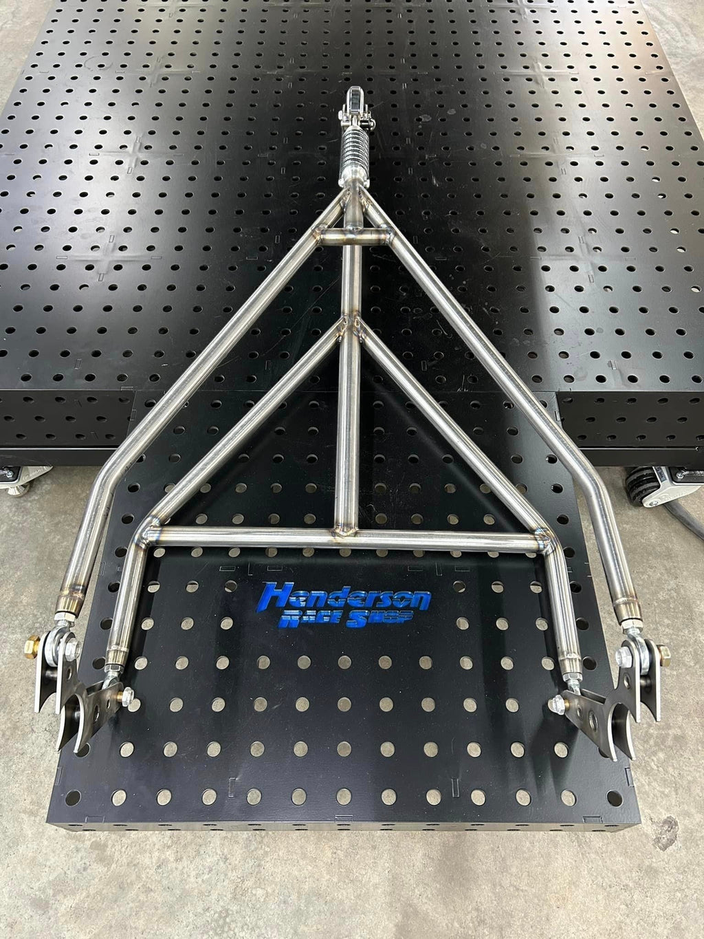 Henderson Race Shop single wheelie bar with heavy duty spring slider and TIG welded chromoly construction