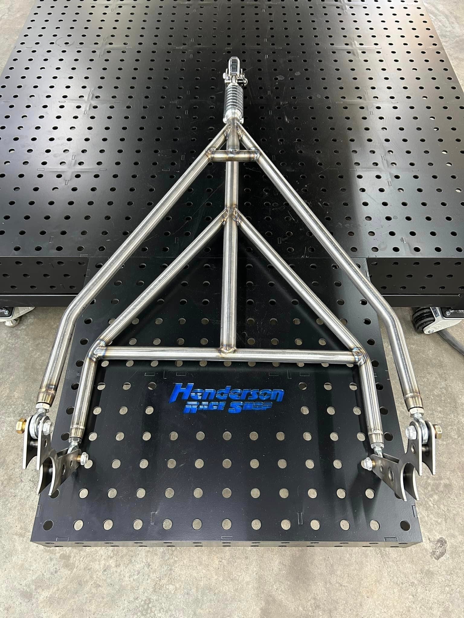 Henderson Race Shop single wheelie bar with heavy duty spring slider and TIG welded chromoly construction