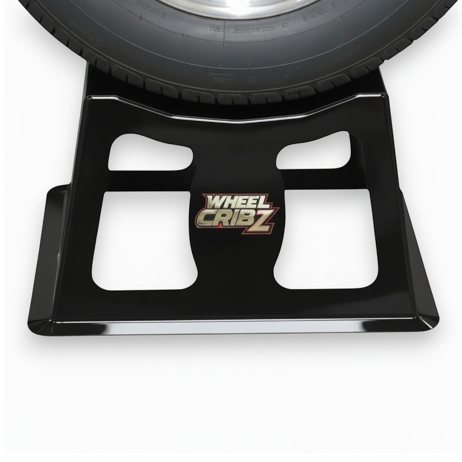 Henderson Race Shop Store 12-inch black steel wheel crib supporting a car tire for maintenance and display.