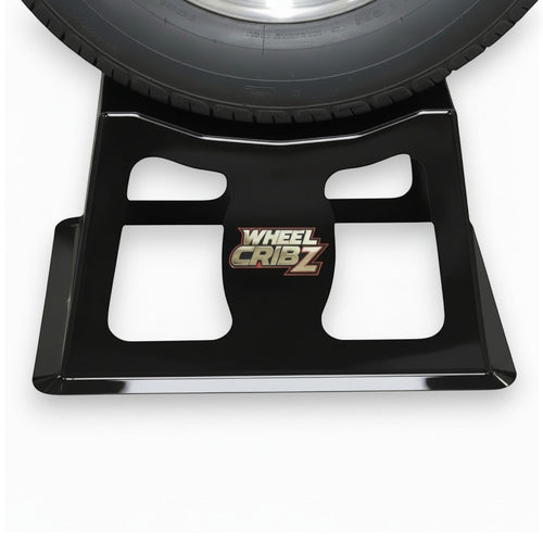 Henderson Race Shop Store 12-inch black steel wheel crib supporting a car tire for maintenance and display.