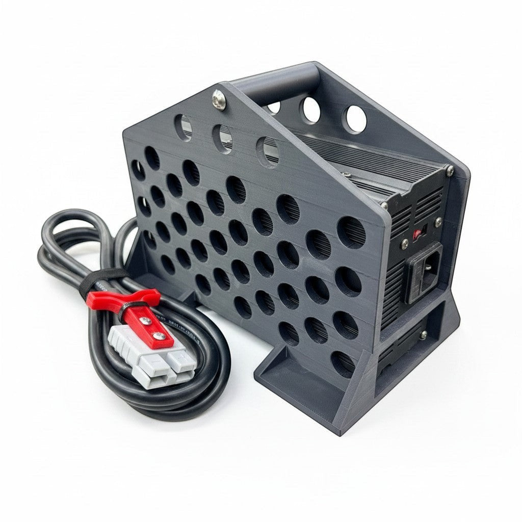 Henderson Race Shop Store grey ASA battery charger stand holding a 16V charger with a coiled cable on white background