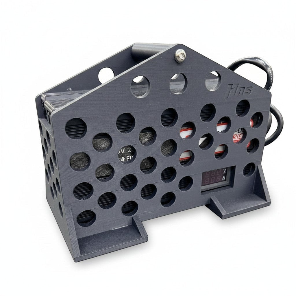 Henderson Race Shop Store Feather Lite 16V battery charger stand made of durable grey ASA plastic with cutout design.