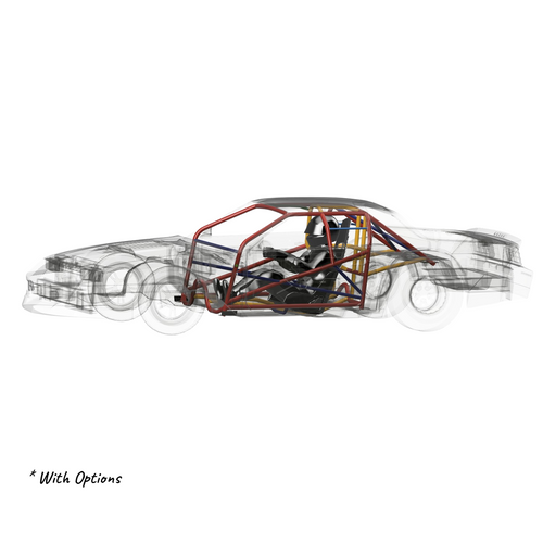 Henderson Race Shop Store 25.5 roll cage kit for 1982-1992 Camaro and Firebird shown in a 3D CAD wireframe model.