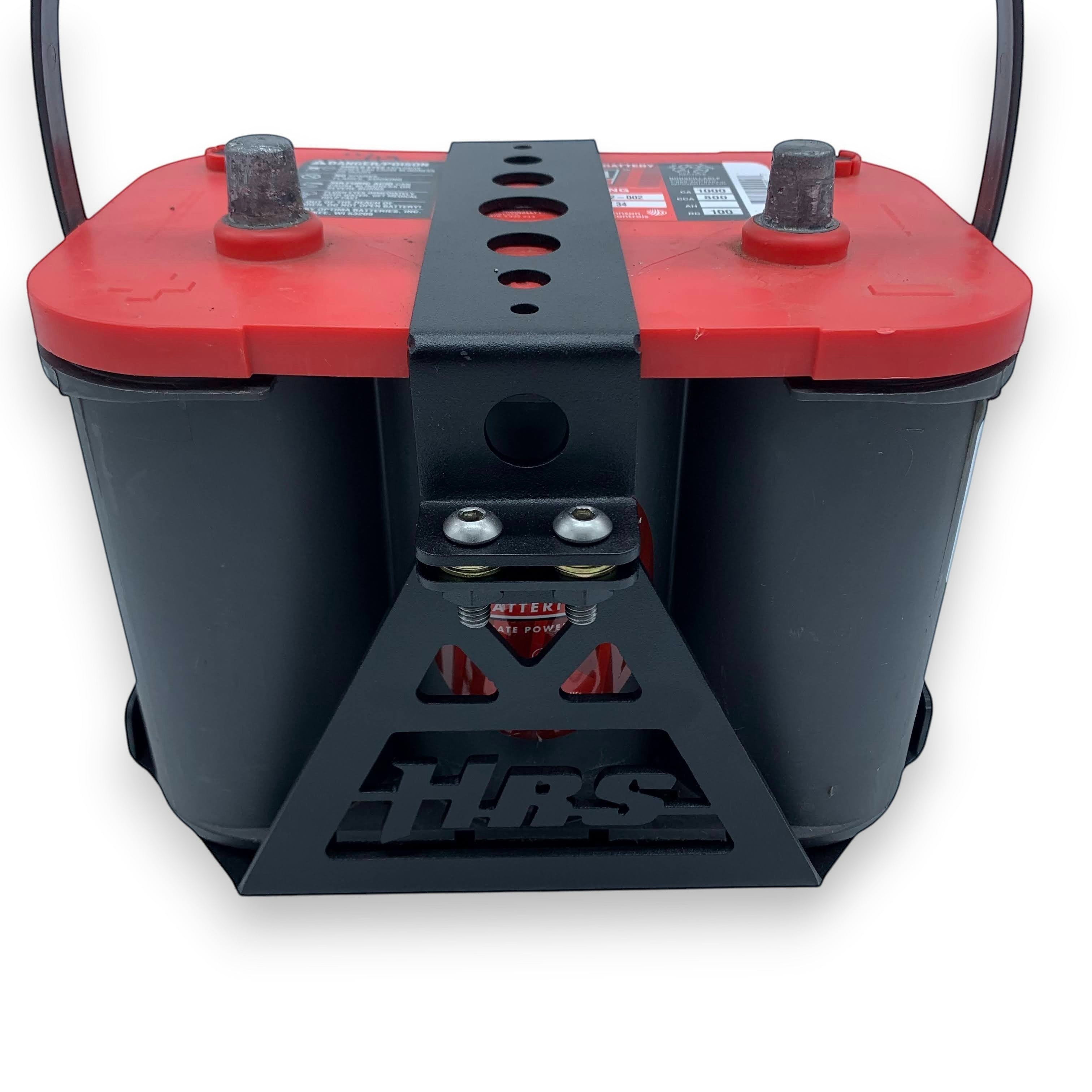 Henderson Race Shop Store battery box with black powder-coated steel mount securing a red and black car battery