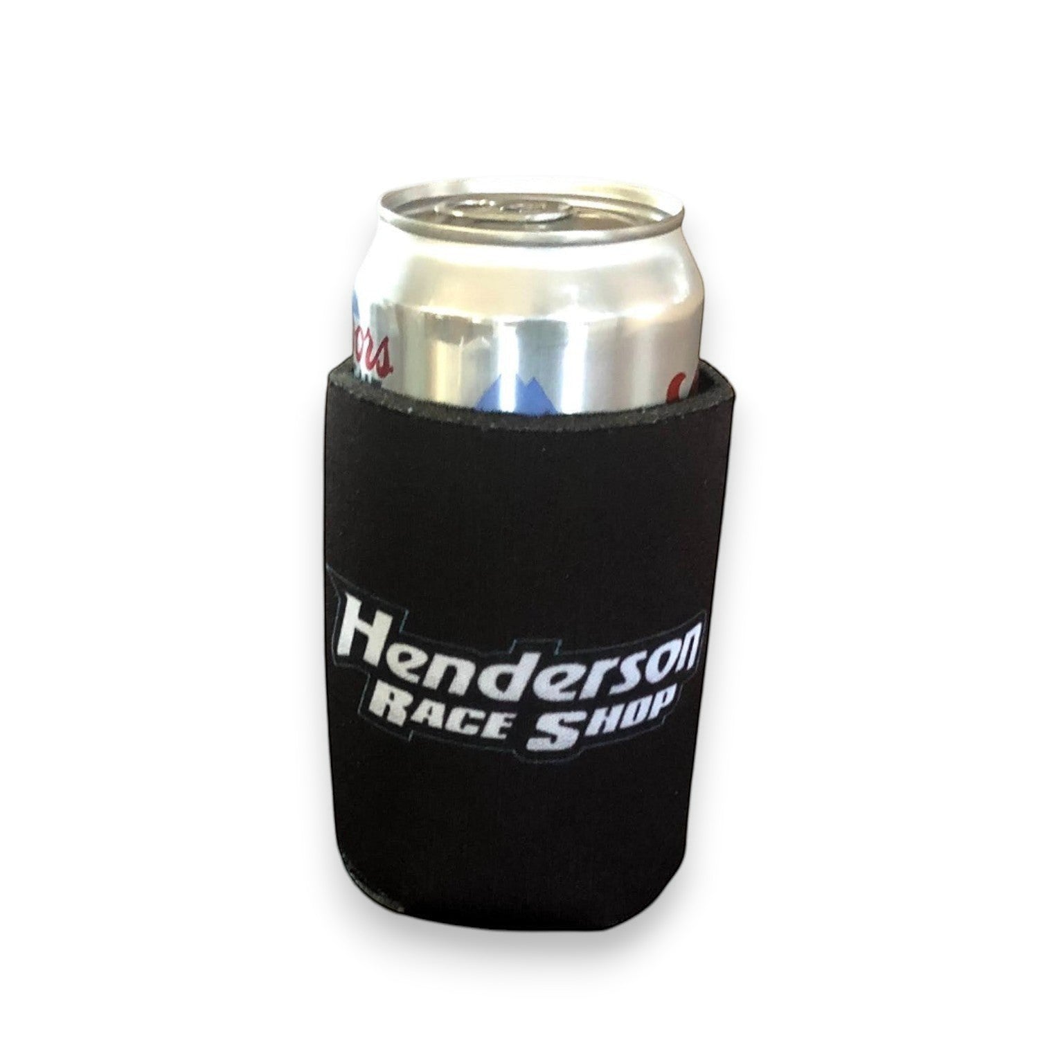 Henderson Race Shop Store black foam beverage koozie holding a silver aluminum can