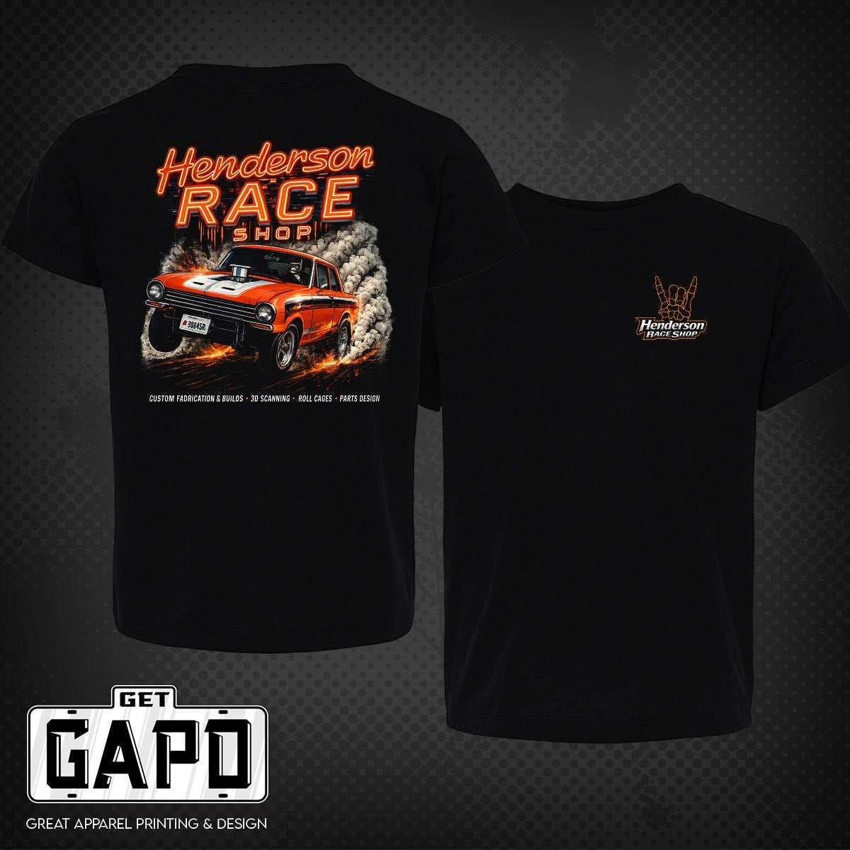 Henderson Race Shop Store black cotton-blend t-shirt featuring a hot rod graphic on the back and logo on the front.