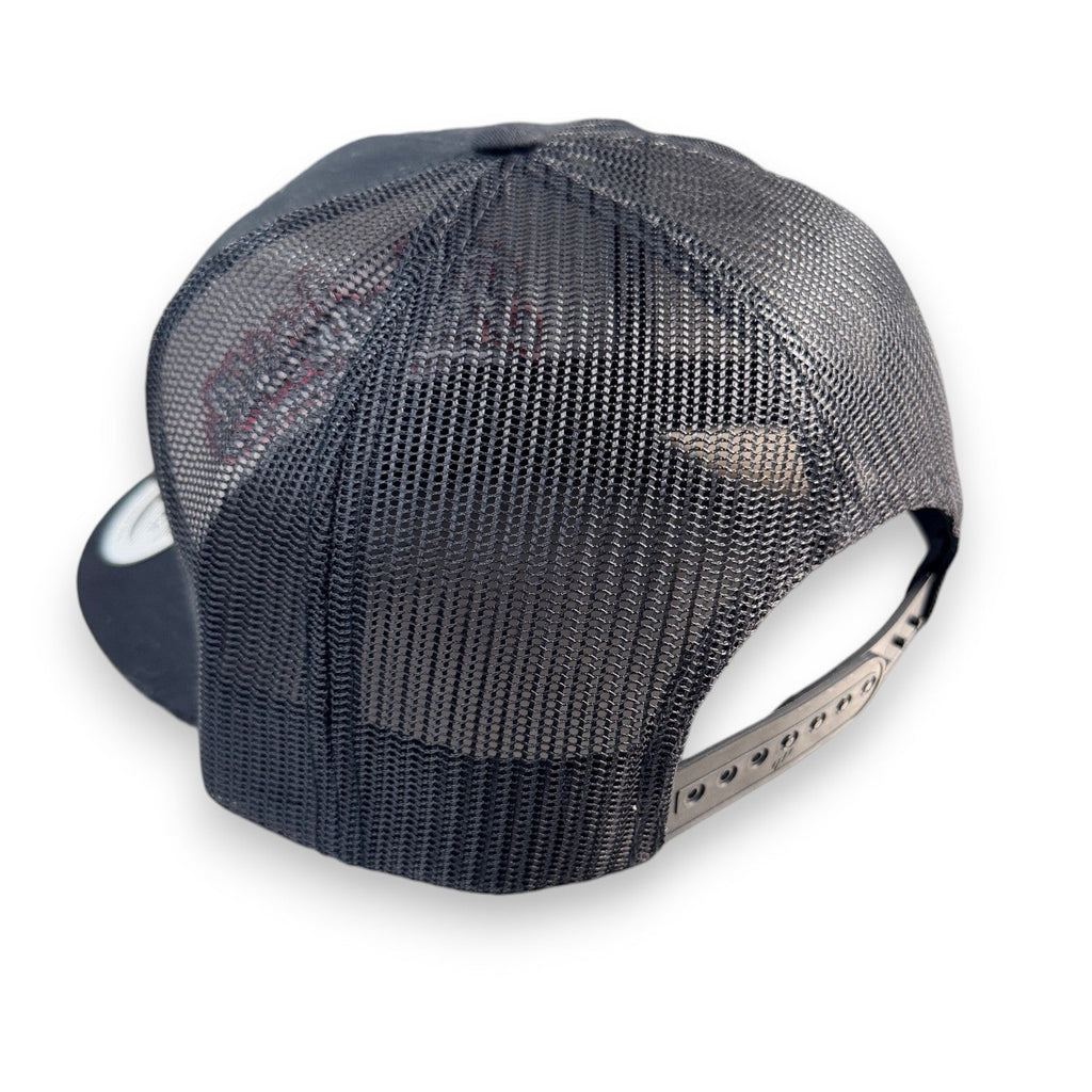 Henderson Race Shop Store black mesh back snapback hat with flat bill and adjustable plastic strap