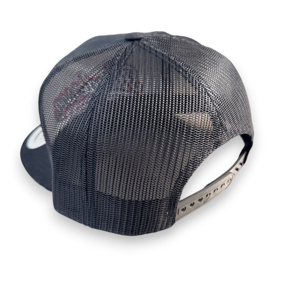Henderson Race Shop Store black mesh back snapback hat with flat bill and adjustable plastic strap