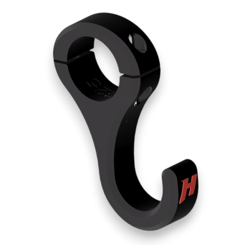Henderson Race Shop Store black ASA roll bar hook for racing helmets and steering wheels with red HRS logo