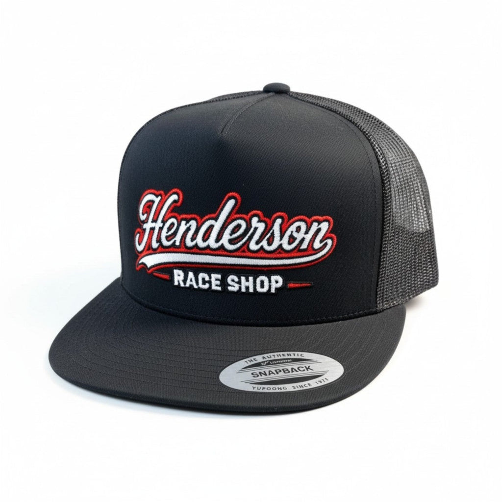 Henderson Race Shop Store black flat bill snapback hat with red and white embroidered logo and mesh back