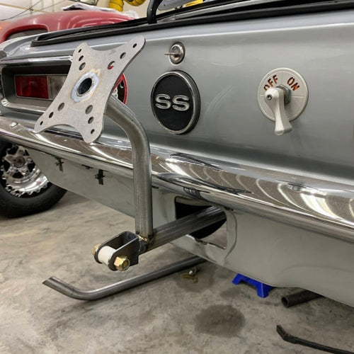 Henderson Race Shop Store chromoly steel weld-in parachute mount installed on the rear of a 1967-1969 Chevrolet Camaro.