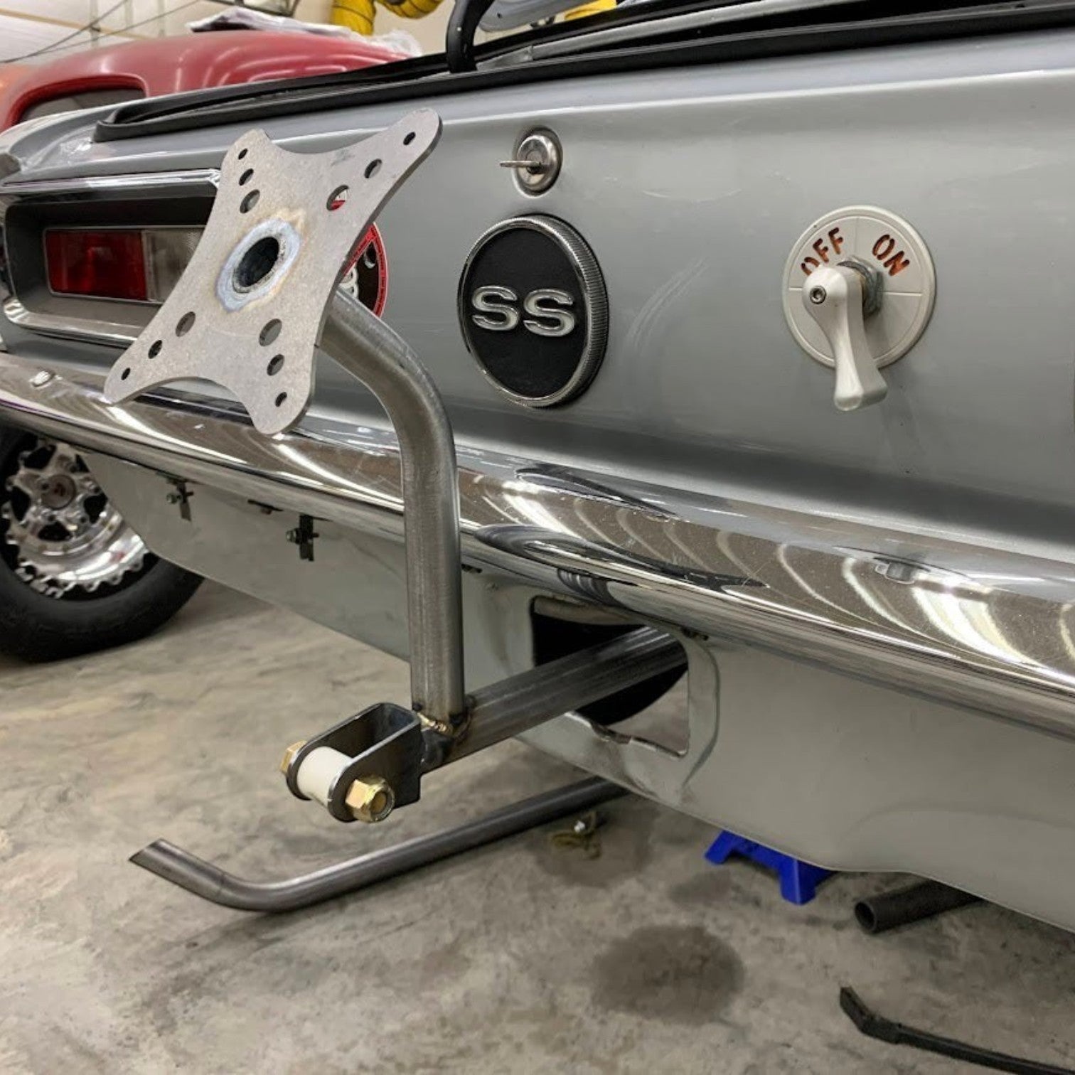 Henderson Race Shop Store chromoly steel weld-in parachute mount installed on the rear of a 1967-1969 Chevrolet Camaro.
