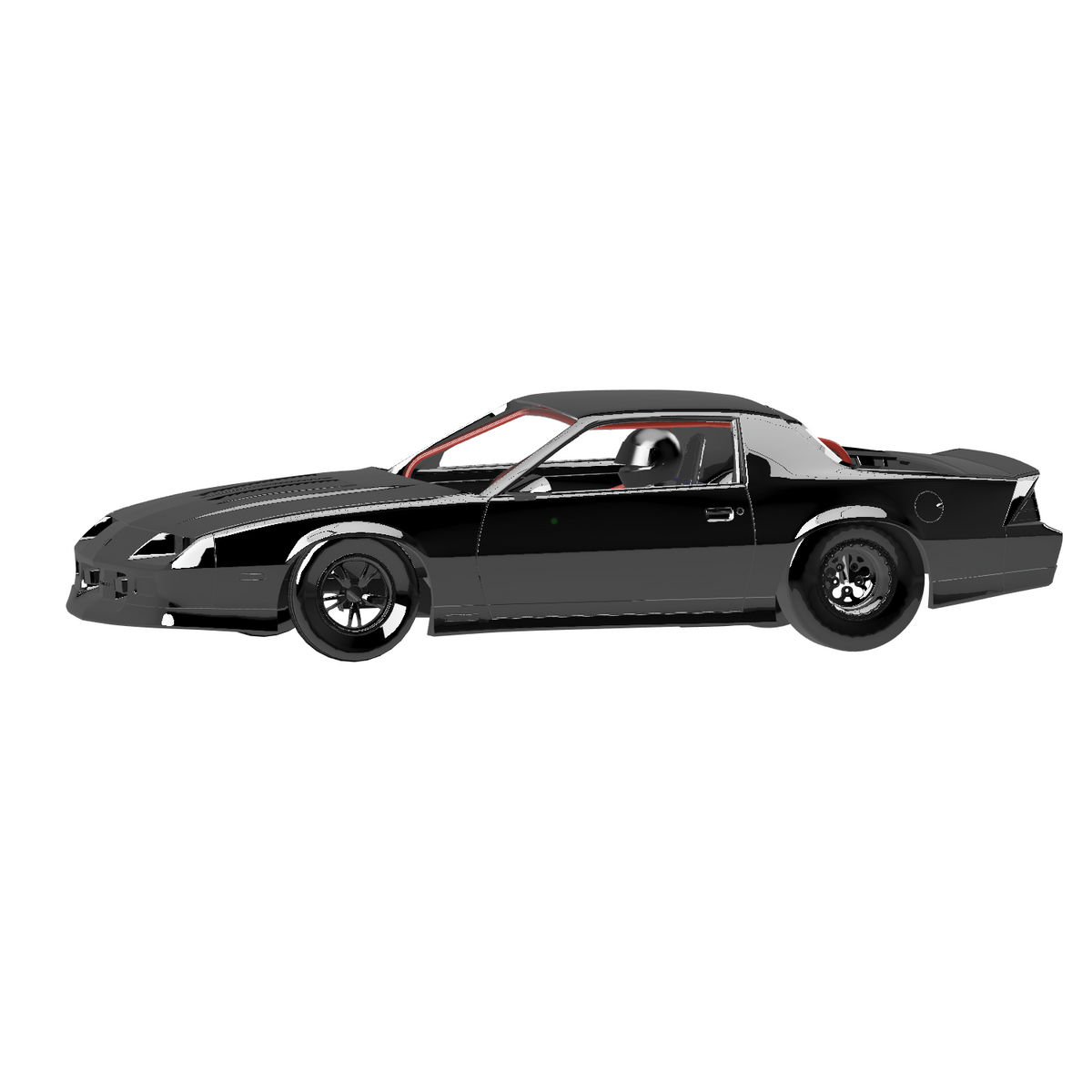 Henderson Race Shop Store 8.50 roll cage installed in a black 1982-1992 Camaro with T-Tops, side profile view.