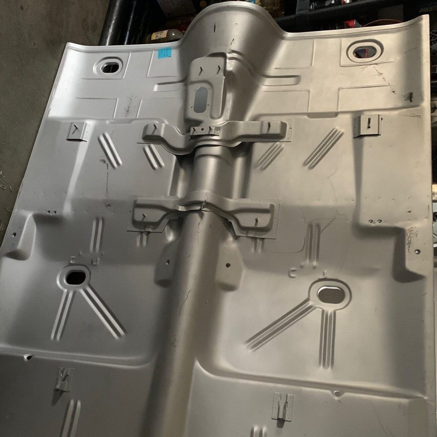 Henderson Race Shop Store floor pan for 1962-1967 Chevy II and Nova showing factory bucket seat mounting locations