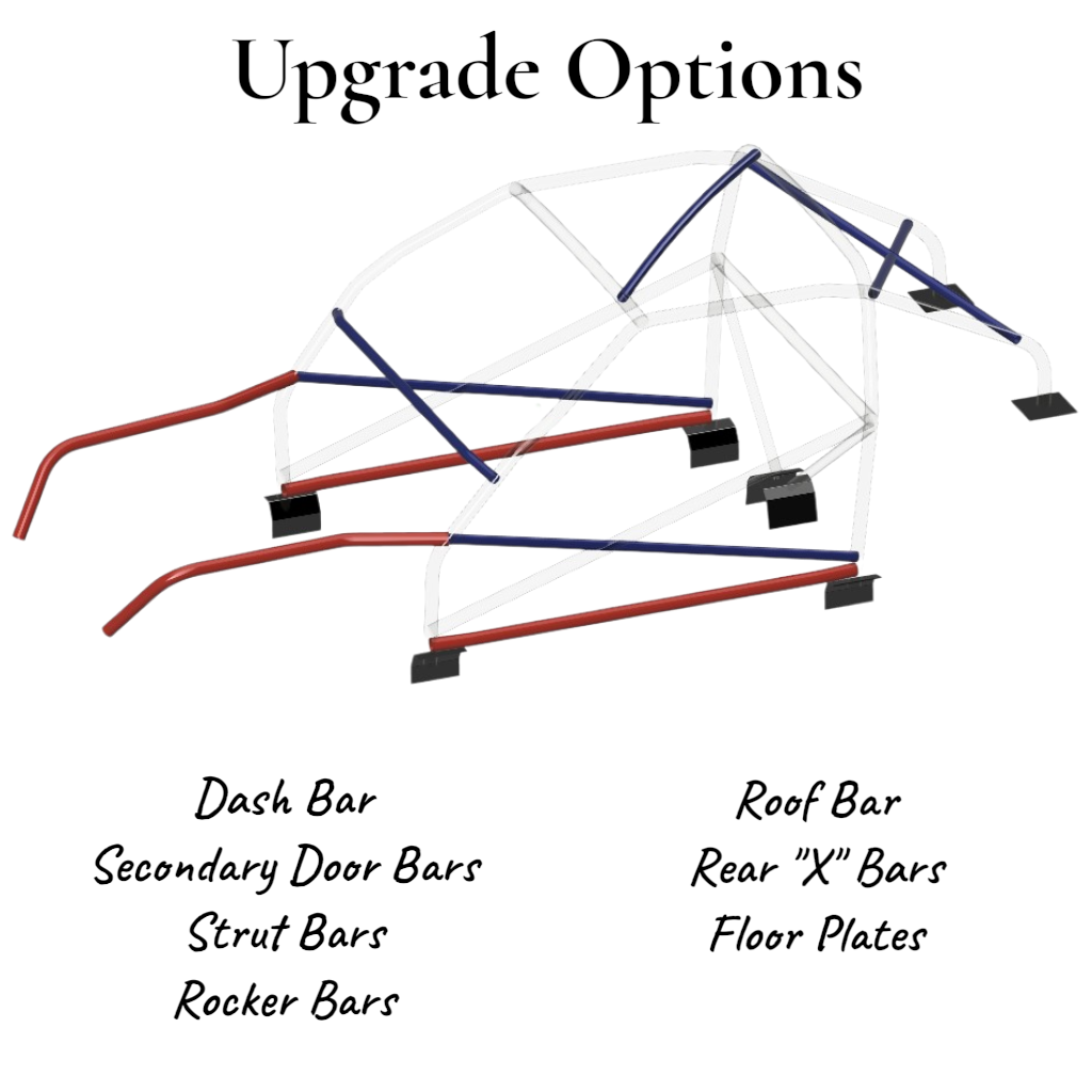 Henderson Race Shop Store 8.50 roll cage upgrade options for Chevy Vega showing highlighted steel tubing components