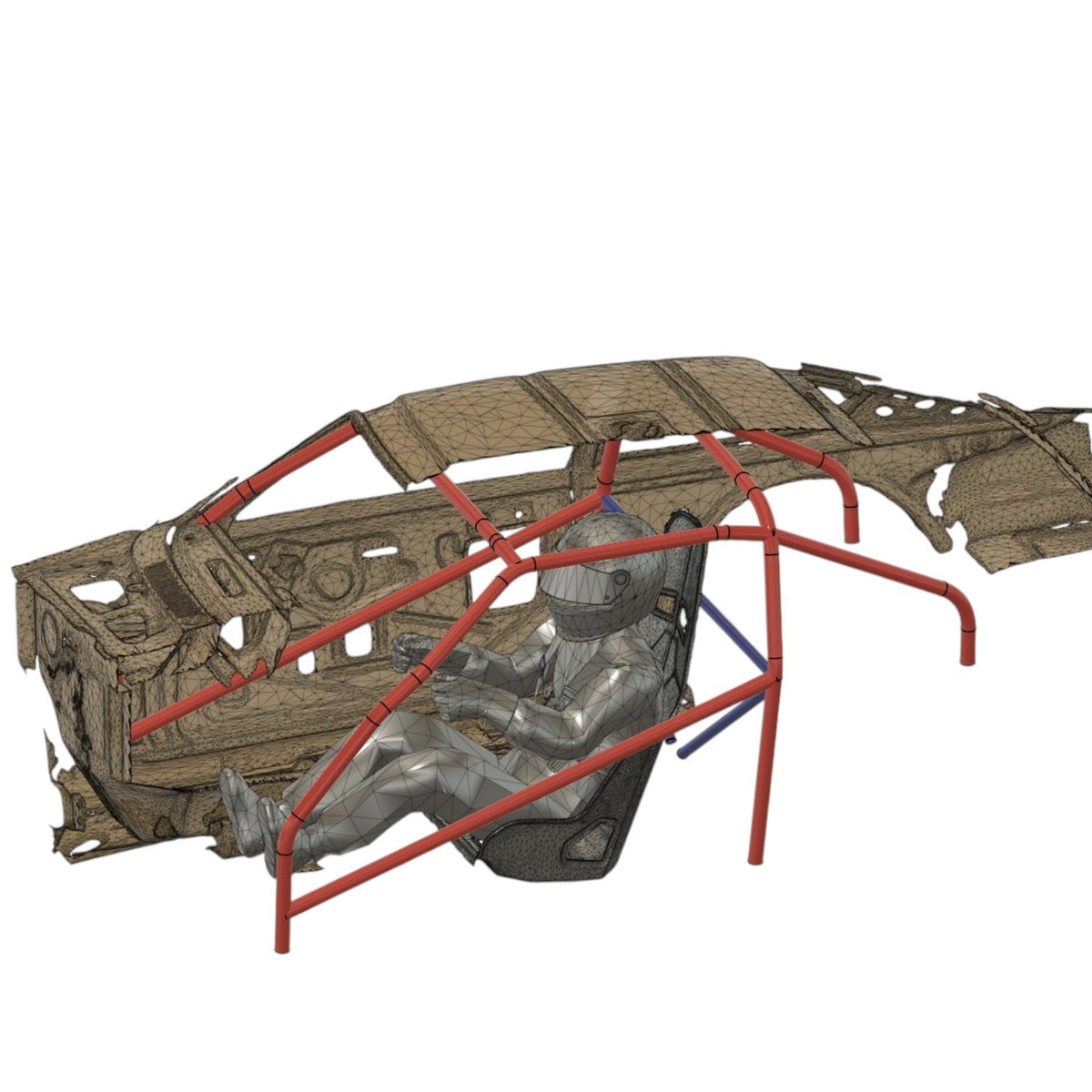 Henderson Race Shop Store 8.50 roll cage CAD design for 1971-1977 Chevy Vega with driver model in racing seat