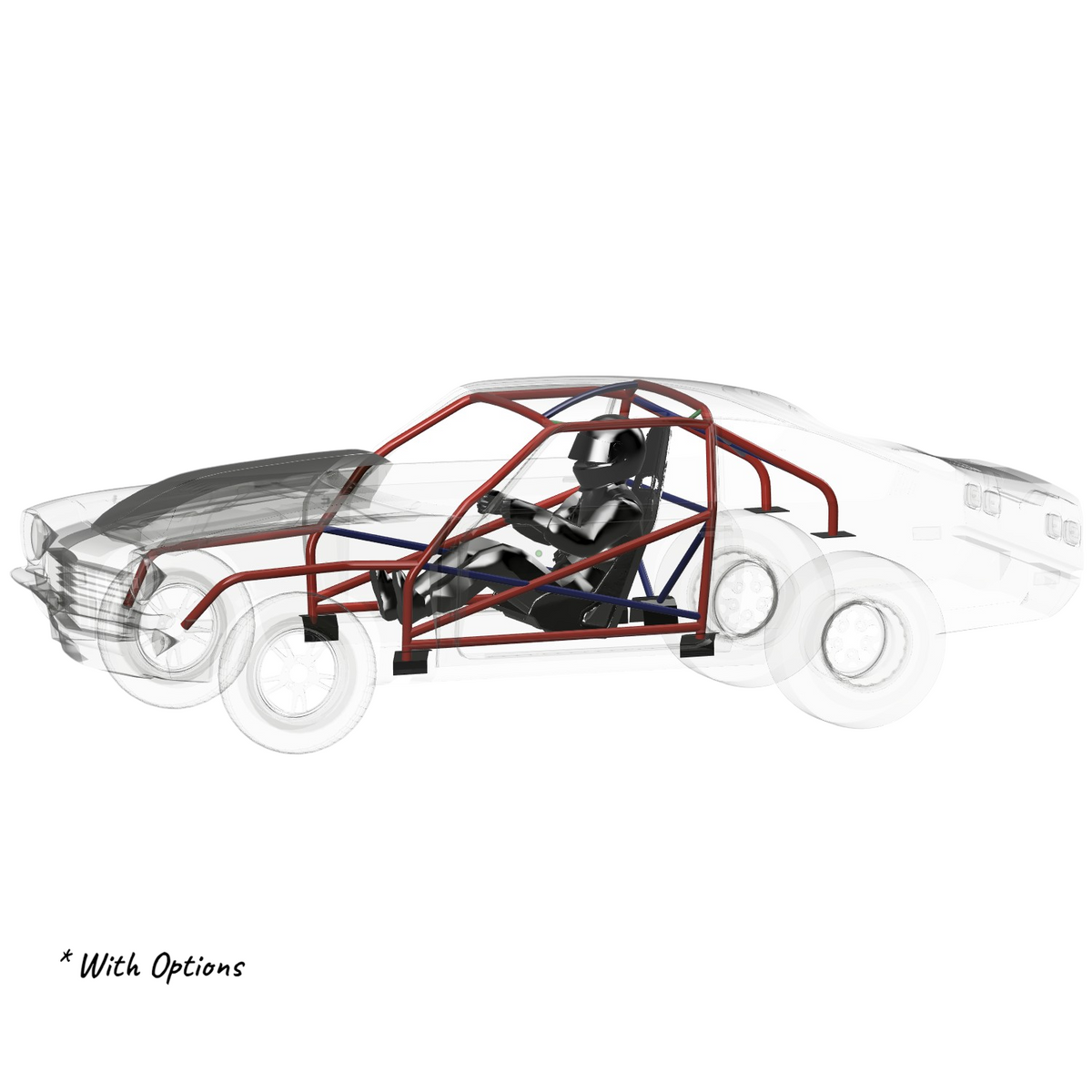 Henderson Race Shop Store 8.50 roll cage kit for 1971-1977 Chevy Vega shown in a 3D CAD wireframe model.