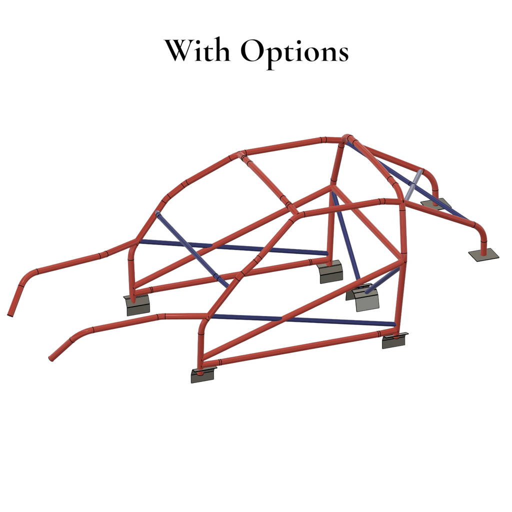 Henderson Race Shop Store 8.50 roll cage kit for 1971-1977 Chevy Vega with optional bars shown in red and blue.