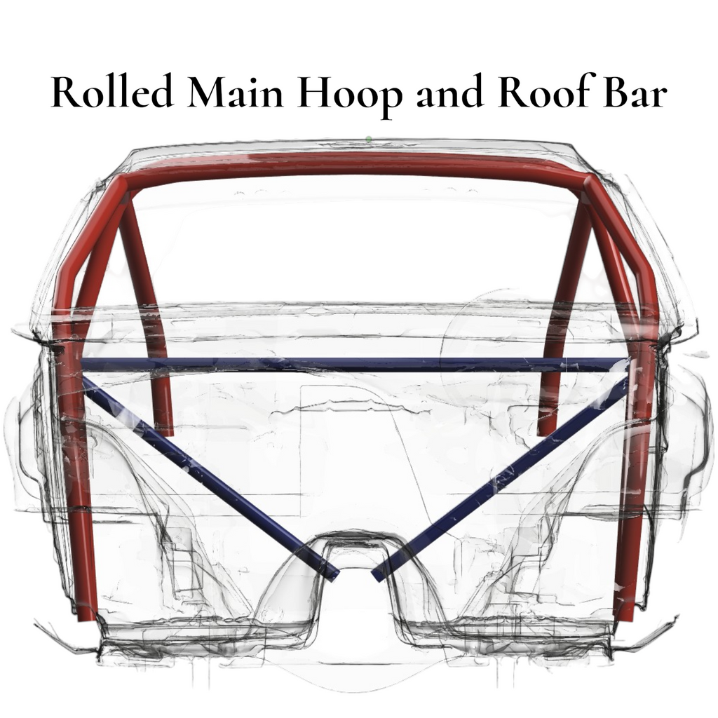 Henderson Race Shop Store 8.50 roll cage kit featuring a rolled main hoop and roof bar for a 1971-1977 Chevy Vega.