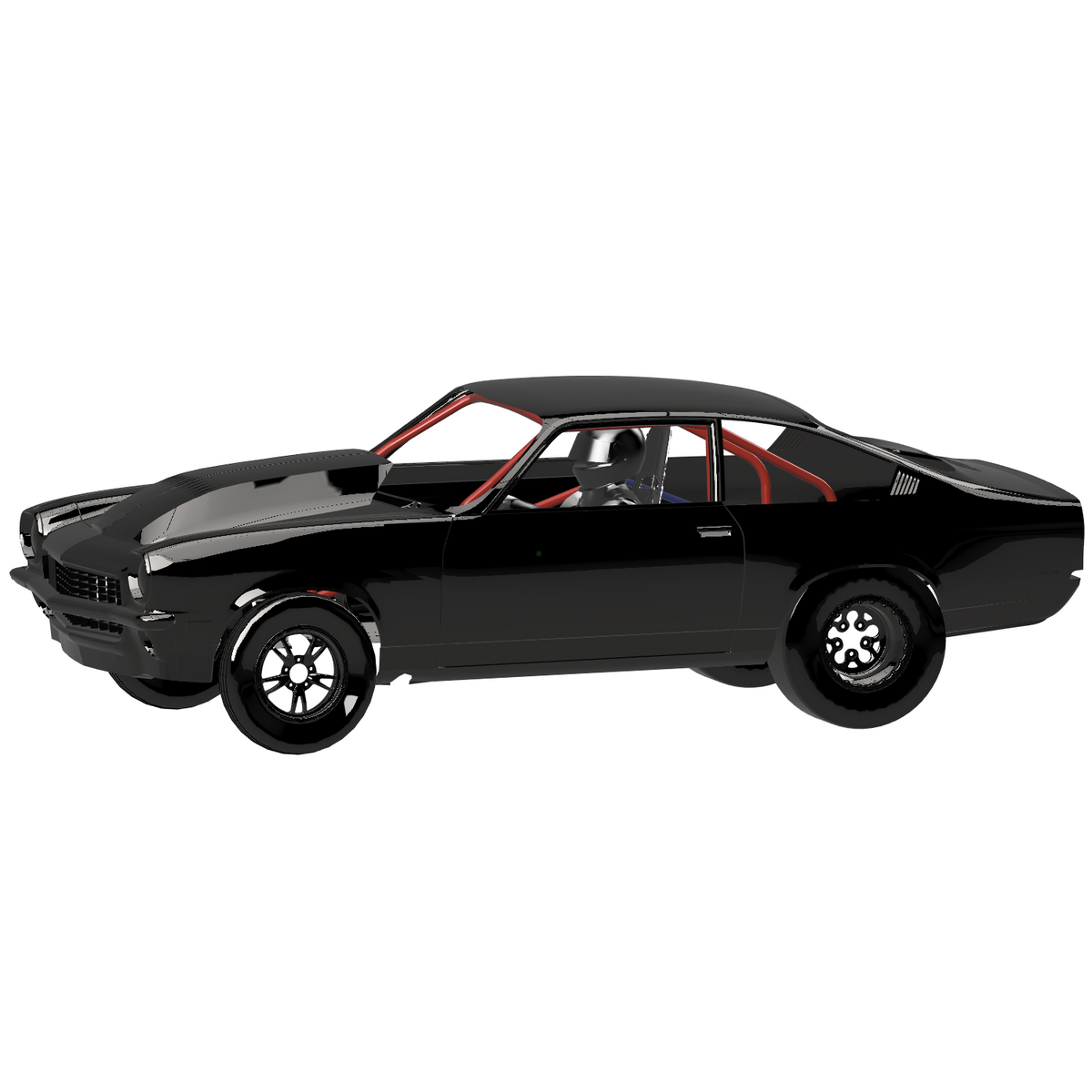 Henderson Race Shop Store 8.50 roll cage installed in a black 1971-1977 Chevy Vega with a driver in a racing helmet.