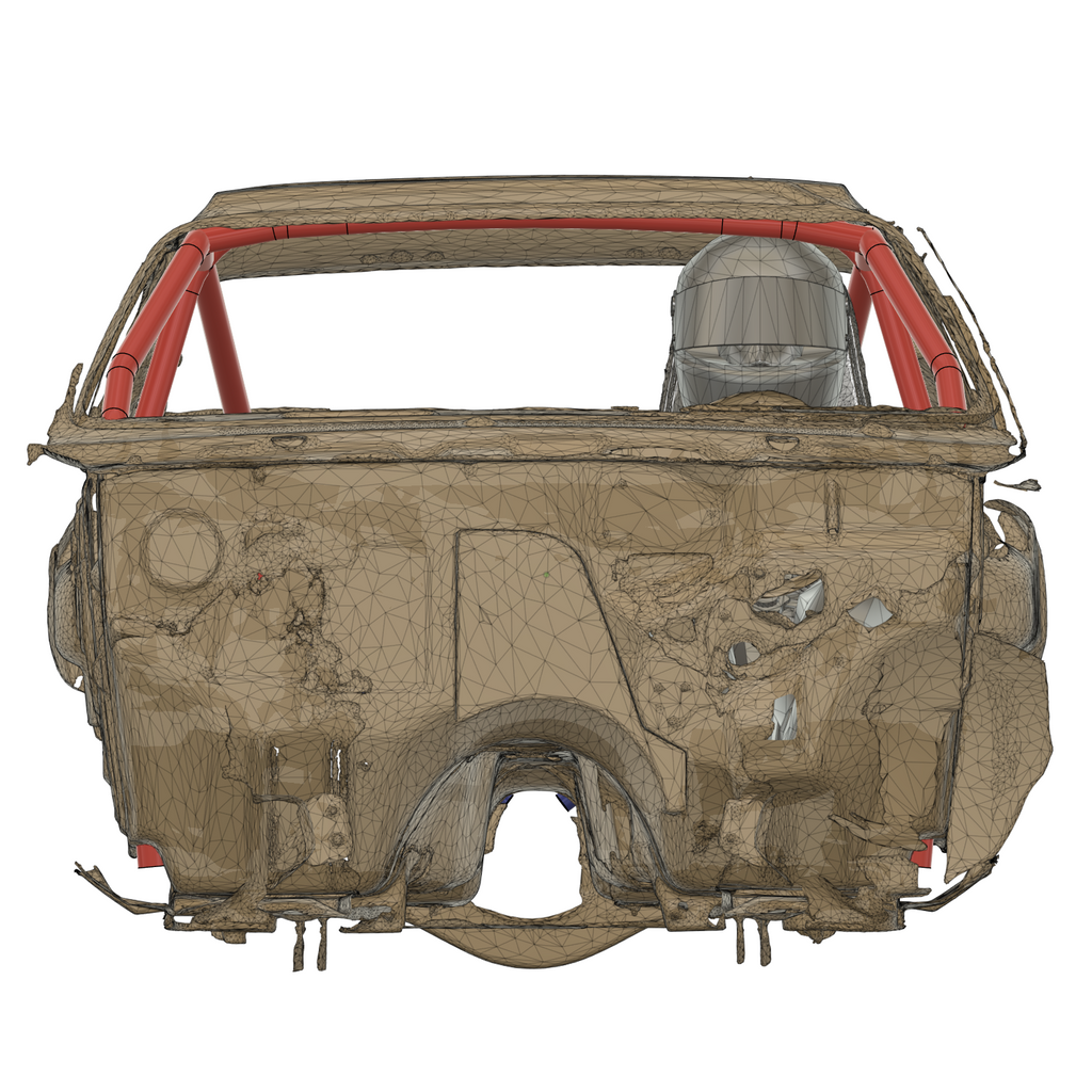 Henderson Race Shop Store 8.50 roll cage CAD model installed in a 1971-1977 Chevy Vega chassis with red tubing.