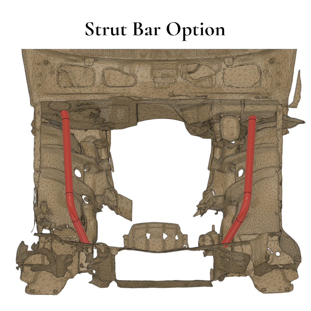 Henderson Race Shop Store 8.50 roll cage strut bar option for 1971-1977 Chevy Vega shown in a 3D CAD model