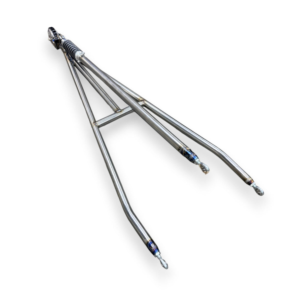 Henderson Race Shop Store heavy duty single wheelie bar with spring slider assembly and TIG welded chromoly tubing.