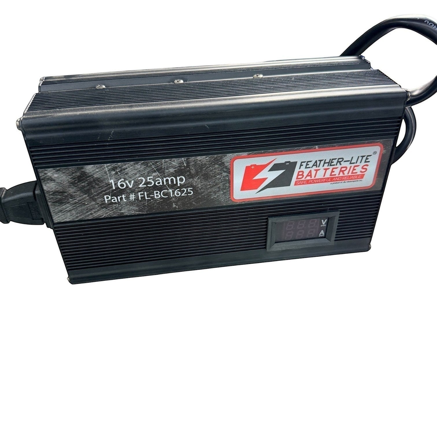 Henderson Race Shop Store Feather-Lite 16V battery charger in a black metal housing with digital display
