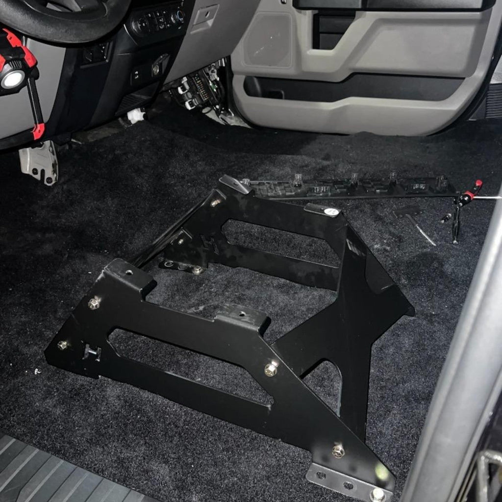 Henderson Race Shop Store black steel seat mount brackets installed in a 2015+ Ford F-150 interior