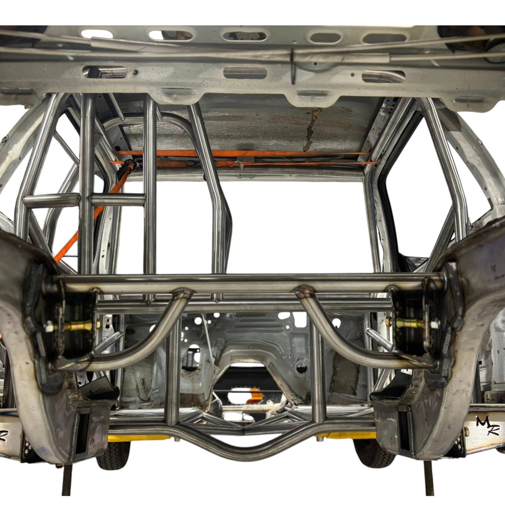 Henderson Race Shop Store 25.2 chromoly roll cage kit installed in a 1979-1993 Fox Body Mustang chassis