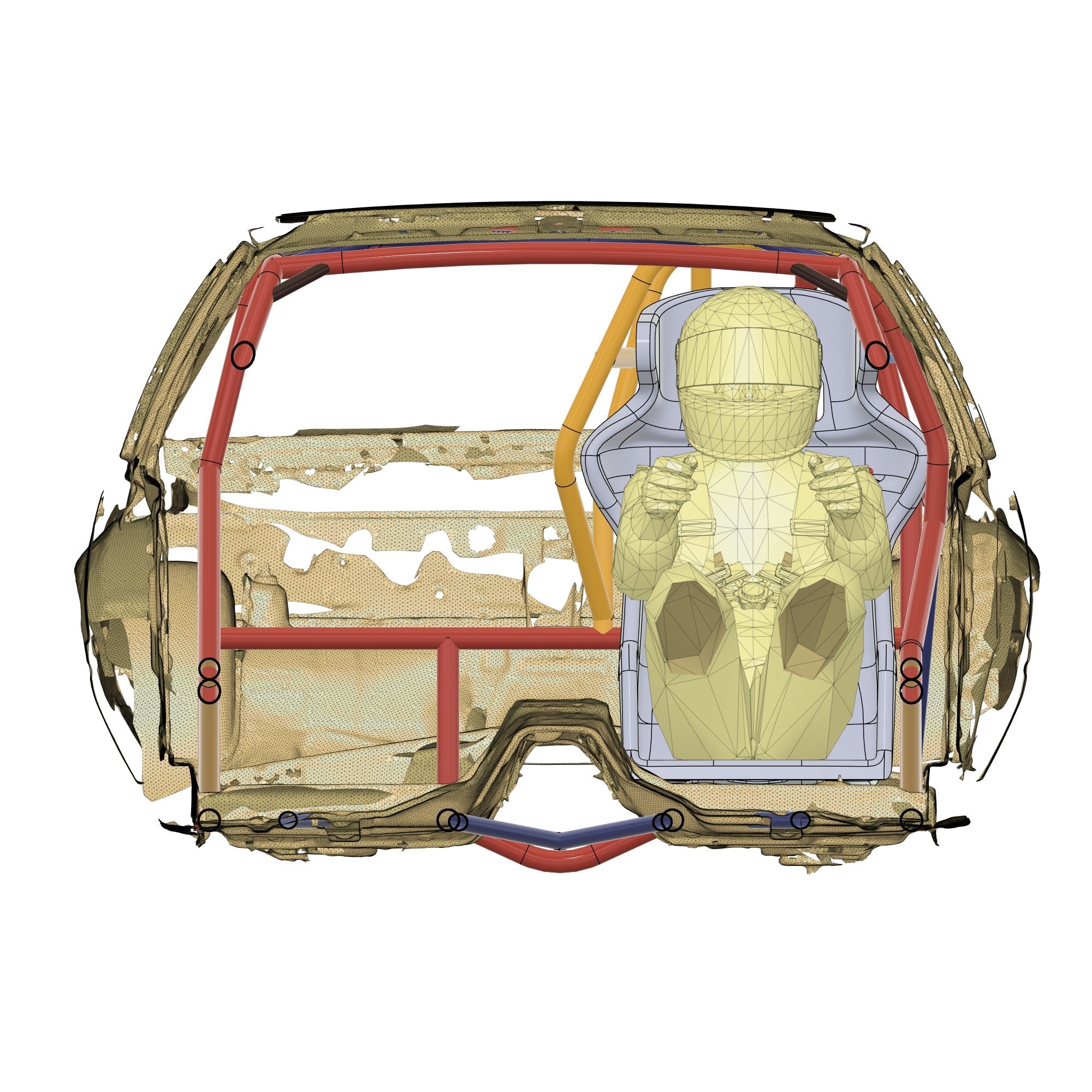 Henderson Race Shop Store 25.2 roll cage CAD design for 1979-1993 Fox Body Mustang with driver seat and helmet