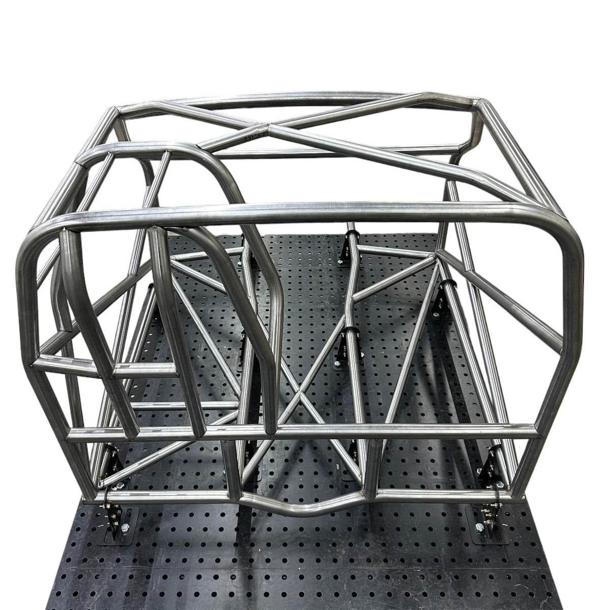 Henderson Race Shop Store 25.2 chromoly roll cage kit for 1979-1993 Fox Body Mustang on a welding fixture table.