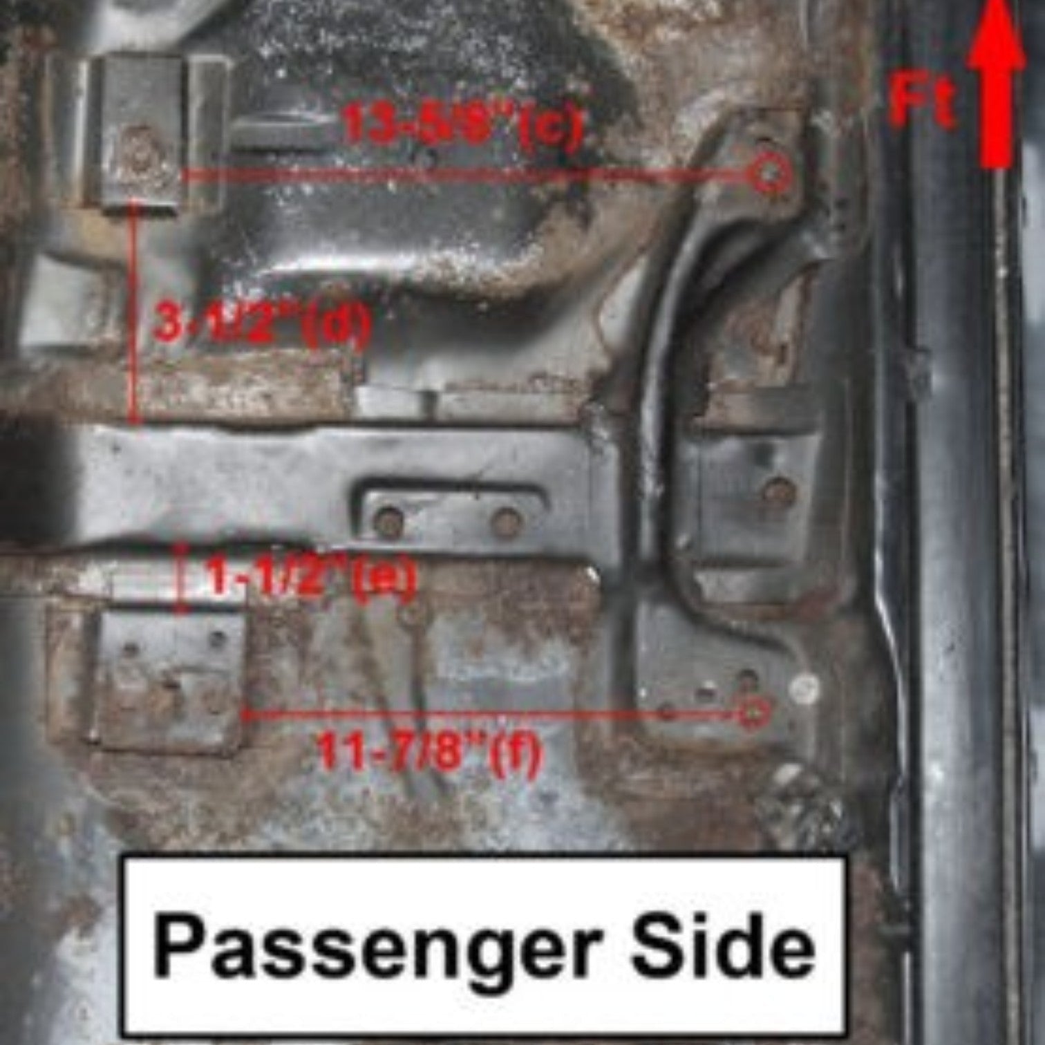 Henderson Race Shop Store G-Body passenger side floor pan showing factory bucket seat mount locations and dimensions