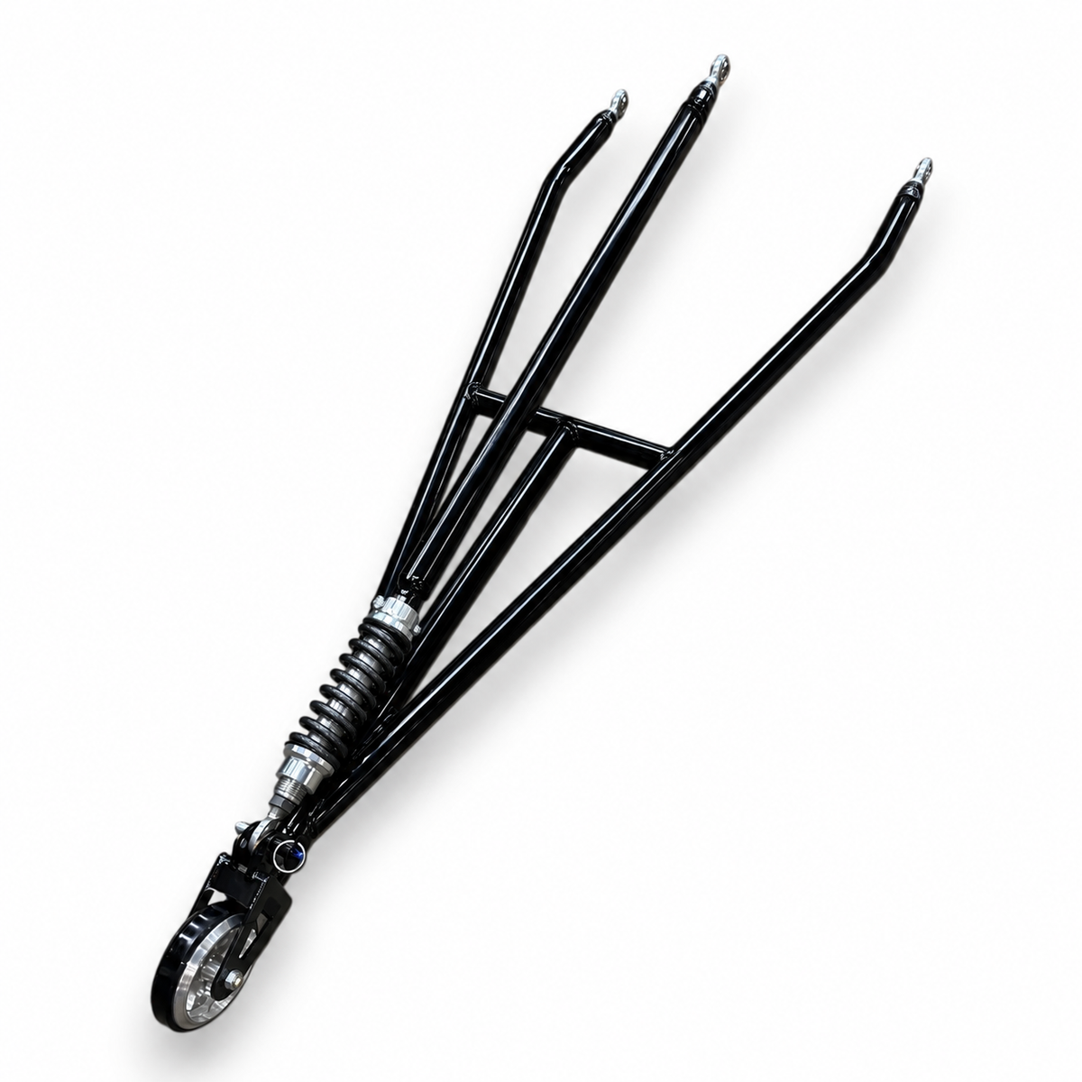 Henderson Race Shop Store heavy-duty single wheelie bar with spring-loaded slider assembly and black chromoly frame.