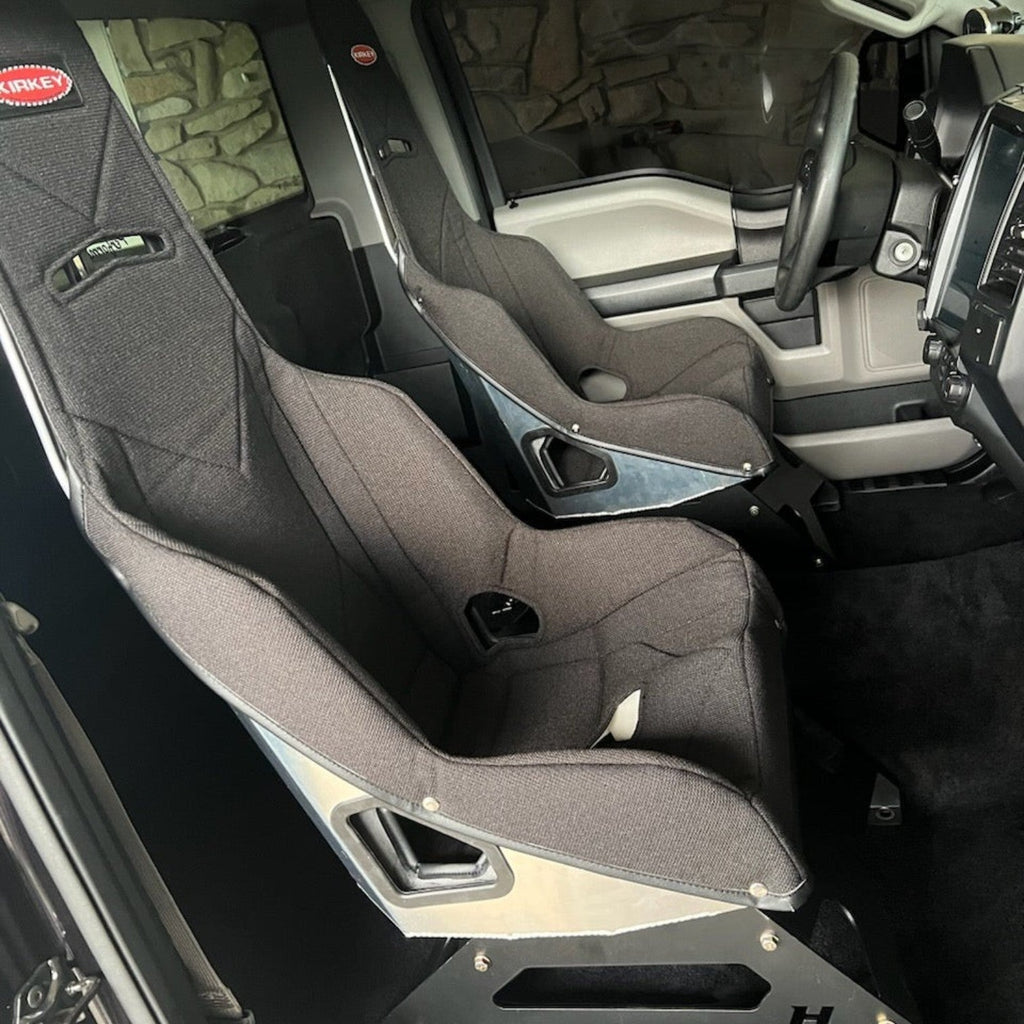 Henderson Race Shop Store seat mounts installed with Kirkey racing seats in a Ford F-150 interior