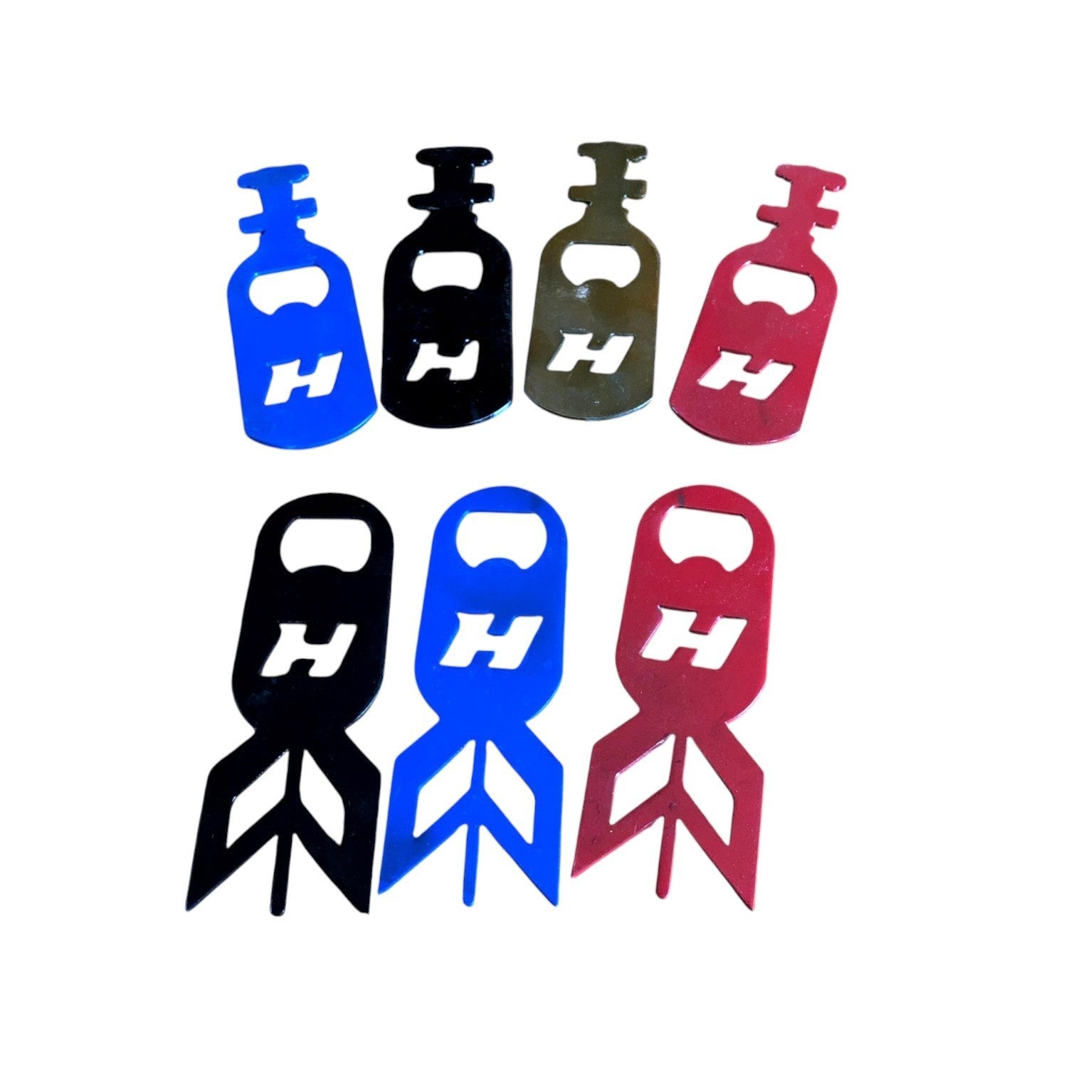 Henderson Race Shop Store metal bottle openers in nitrous bottle and H-bomb designs in red, blue, black, and grey.