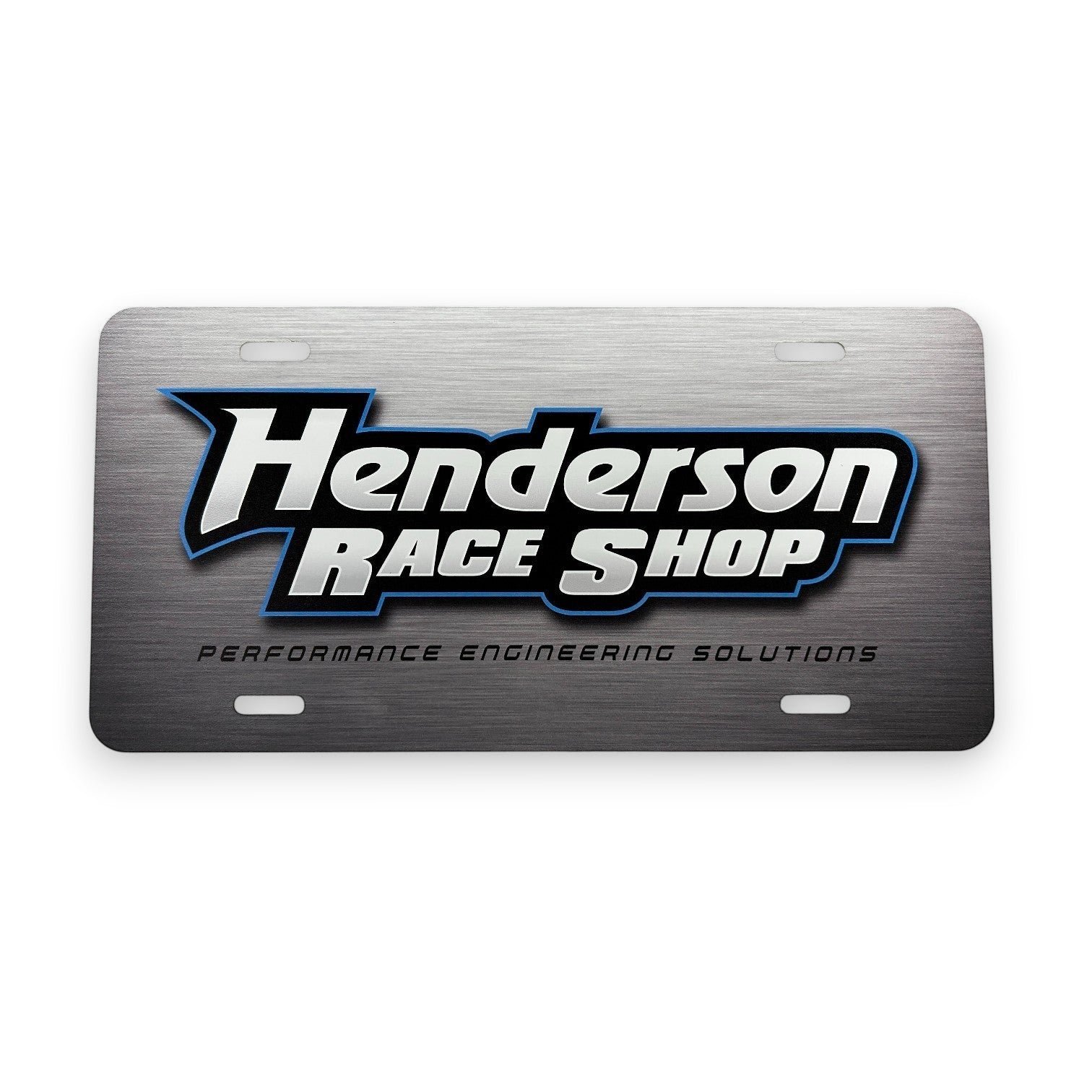 Henderson Race Shop Store metal license plate with a brushed finish and blue and white performance logo