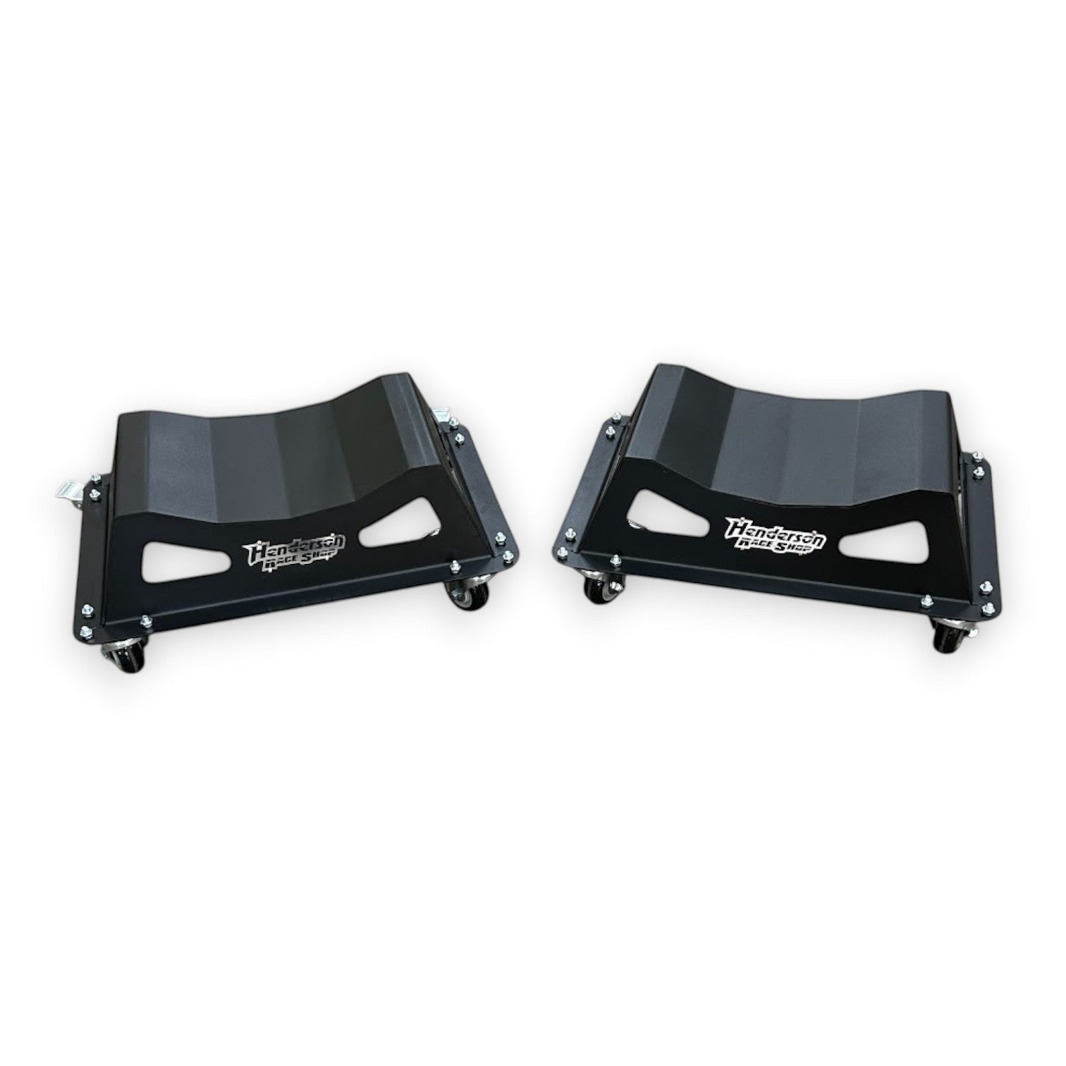 Henderson Race Shop Store 8-inch mobile wheel cribs with heavy-duty casters and black powder-coated steel finish.