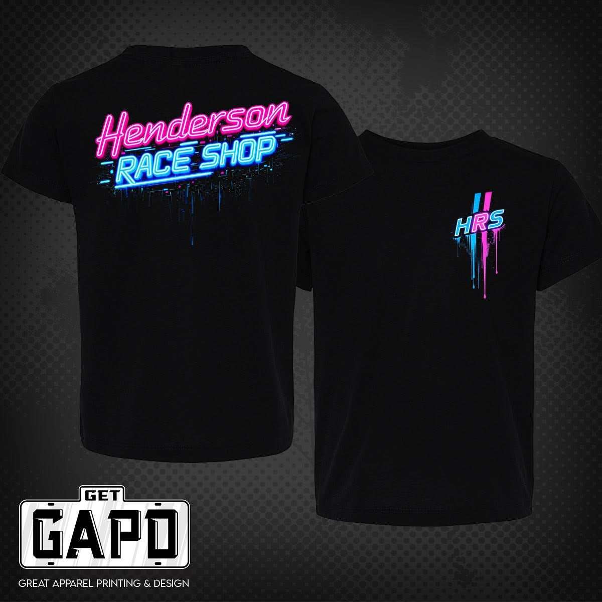 Henderson Race Shop Store black t-shirt featuring neon pink and blue graphic print on front and back