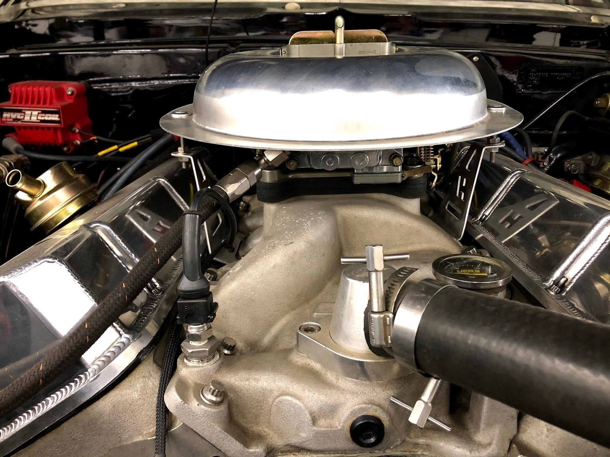 Henderson Race Shop Store NHRA legal 14 inch aluminum carburetor air cleaner base with quick release latches installed