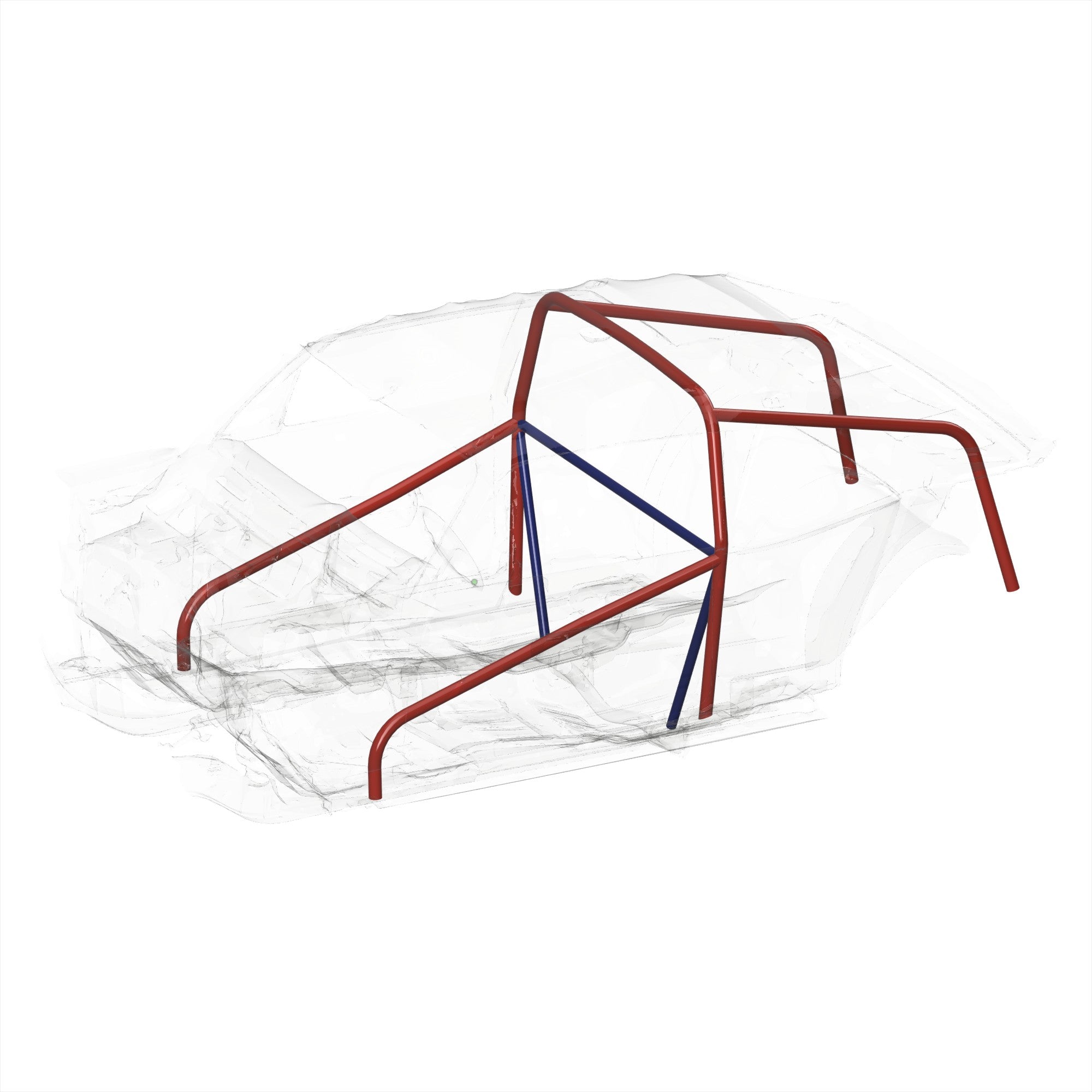 Henderson Race Shop Store CAD-designed roll bar kit for 1968-1974 Nova, featuring red and blue steel tubing.