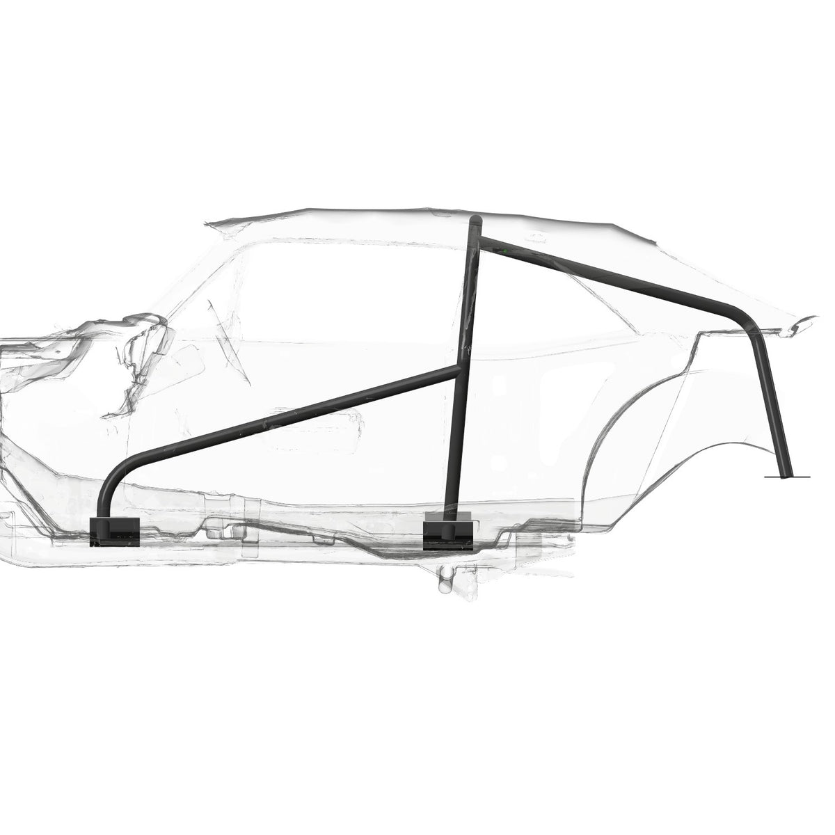 Henderson Race Shop Store 1968-1974 Nova roll bar kit shown as a CAD overlay on a car chassis for precise fitment.