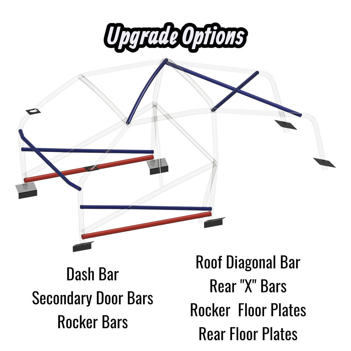 Henderson Race Shop Store 8.50 roll cage kit for 1968-1974 Nova showing upgrade options like dash and rocker bars