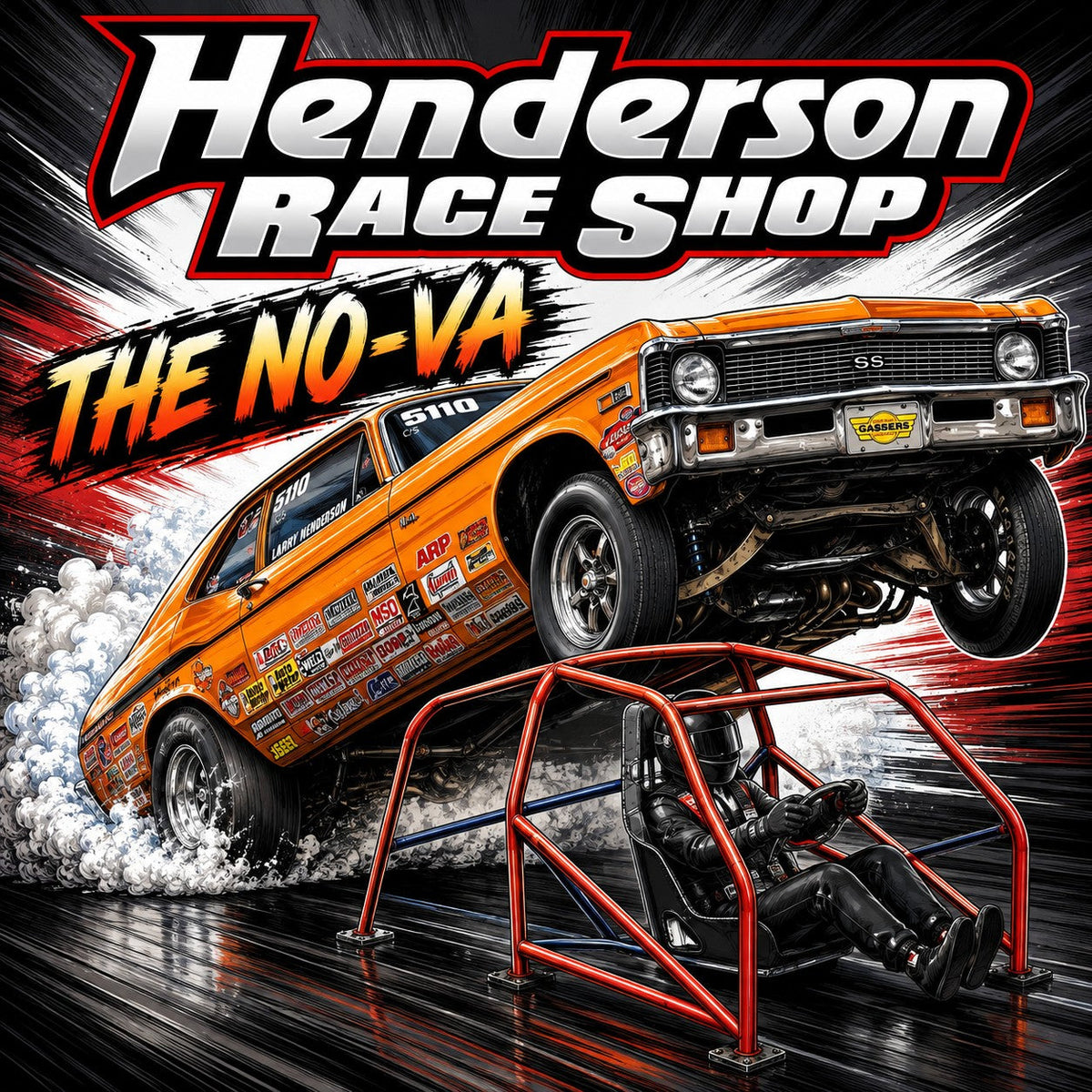 Henderson Race Shop Store 8.50 roll cage kit for 1968-1974 Nova, featuring red steel tubing and racing seat.