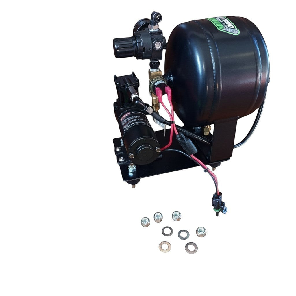 Henderson Race Shop Store lightweight on-board air compressor with black tank, baseplate, and included mounting hardware
